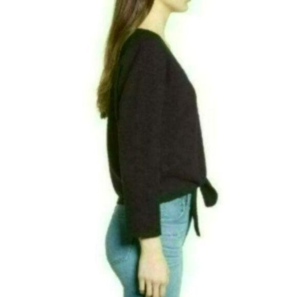 Madewell Women's XS Black Textured V-Neck 3/4 Sleeve Tie Hem Blouse - Picture 2 of 10
